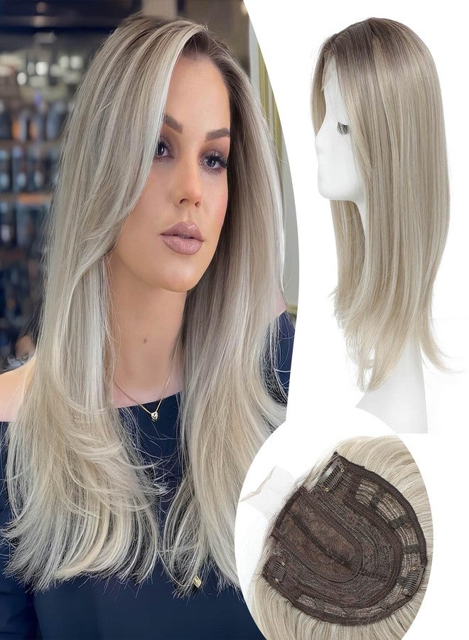 مش تاج وصلة شعر تاج مقاس 18 بوصة للنساء ذوات الشعر الخفيف - قطعة شعر صناعية طويلة متعددة الطبقات 6.5 بوصة × 6.5 بوصة - شعر مستعار من الألياف للسيدات (أبيض فضي مع جذور داكنة) - Image 1